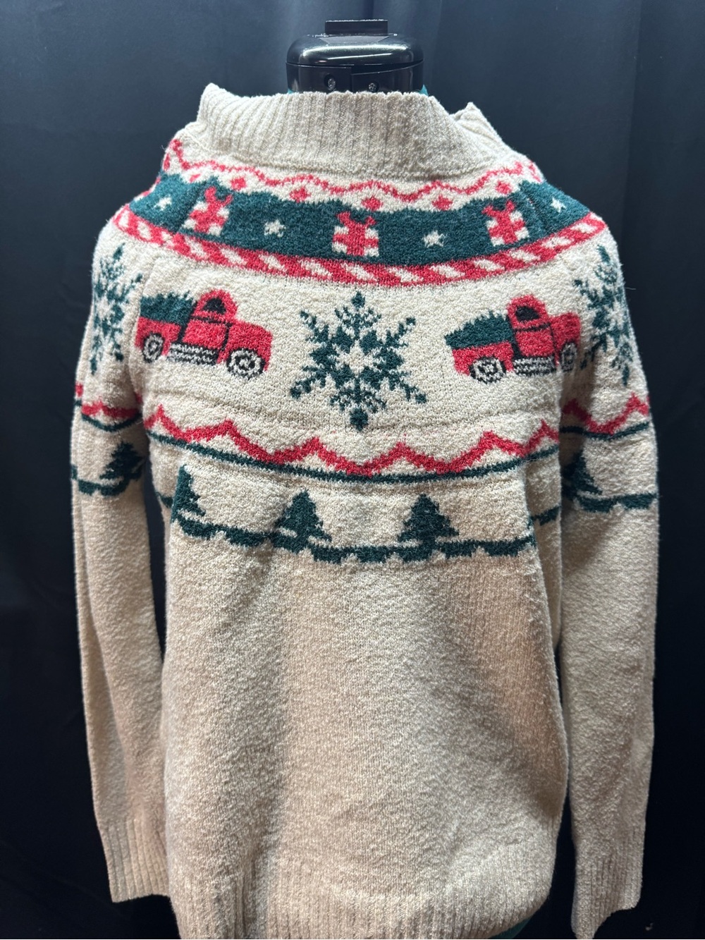 Maurices Cream Cowl Neck Sweater with Red and Green Fair Isle Trucks